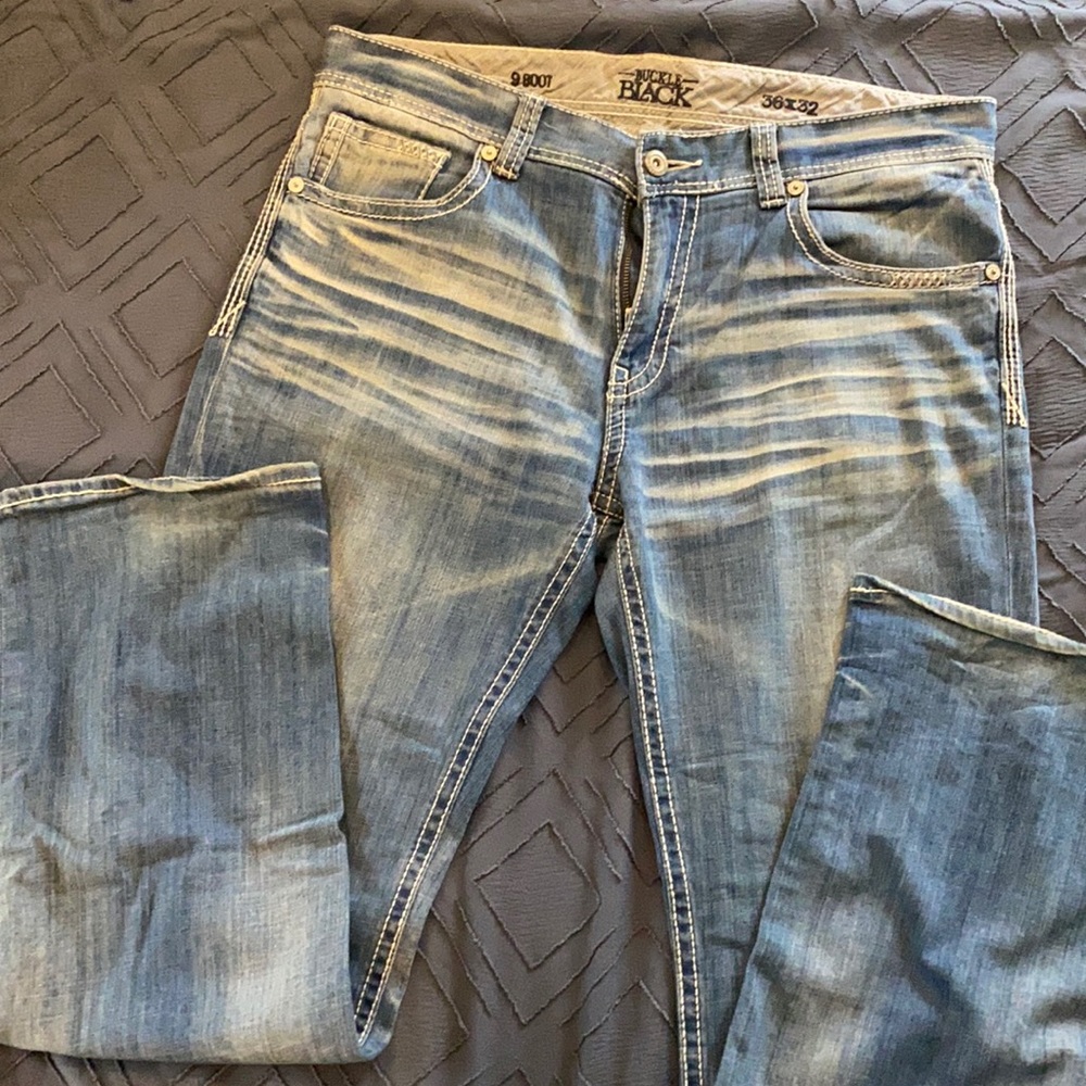 Men’s buckle black boot cut jeans
